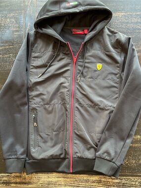 Ferrari Black Hooded Jacket with Red Zipper and Yellow Shield size L
